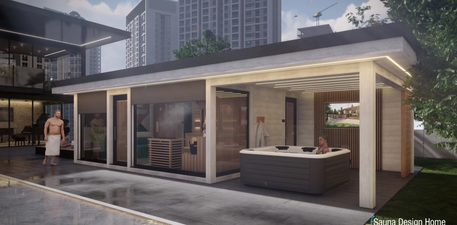 Das Außen Saunahaus in einer privaten Penthouse mit Panoramablick