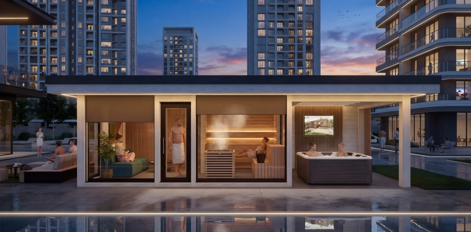 Das Außen Saunahaus in einer privaten Penthouse mit Panoramablick