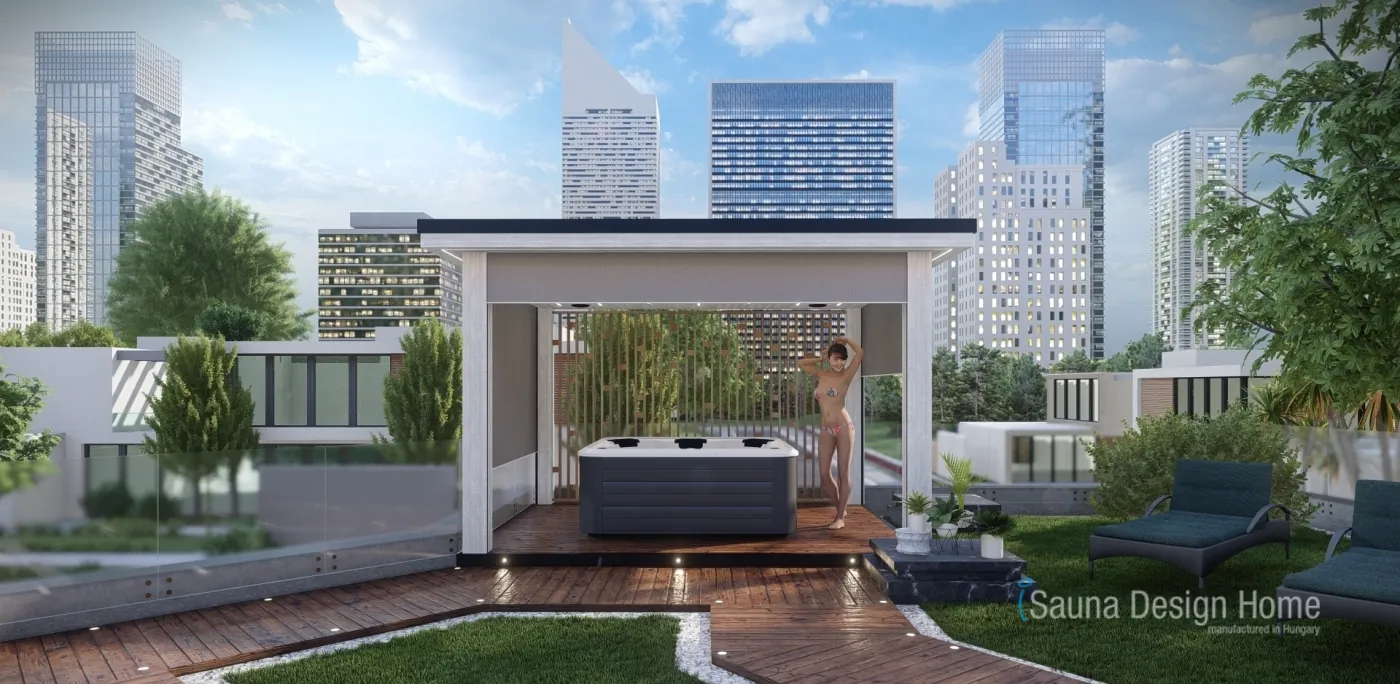 Pergola mit zipSCREEN Sonnenschutz in Weiß.